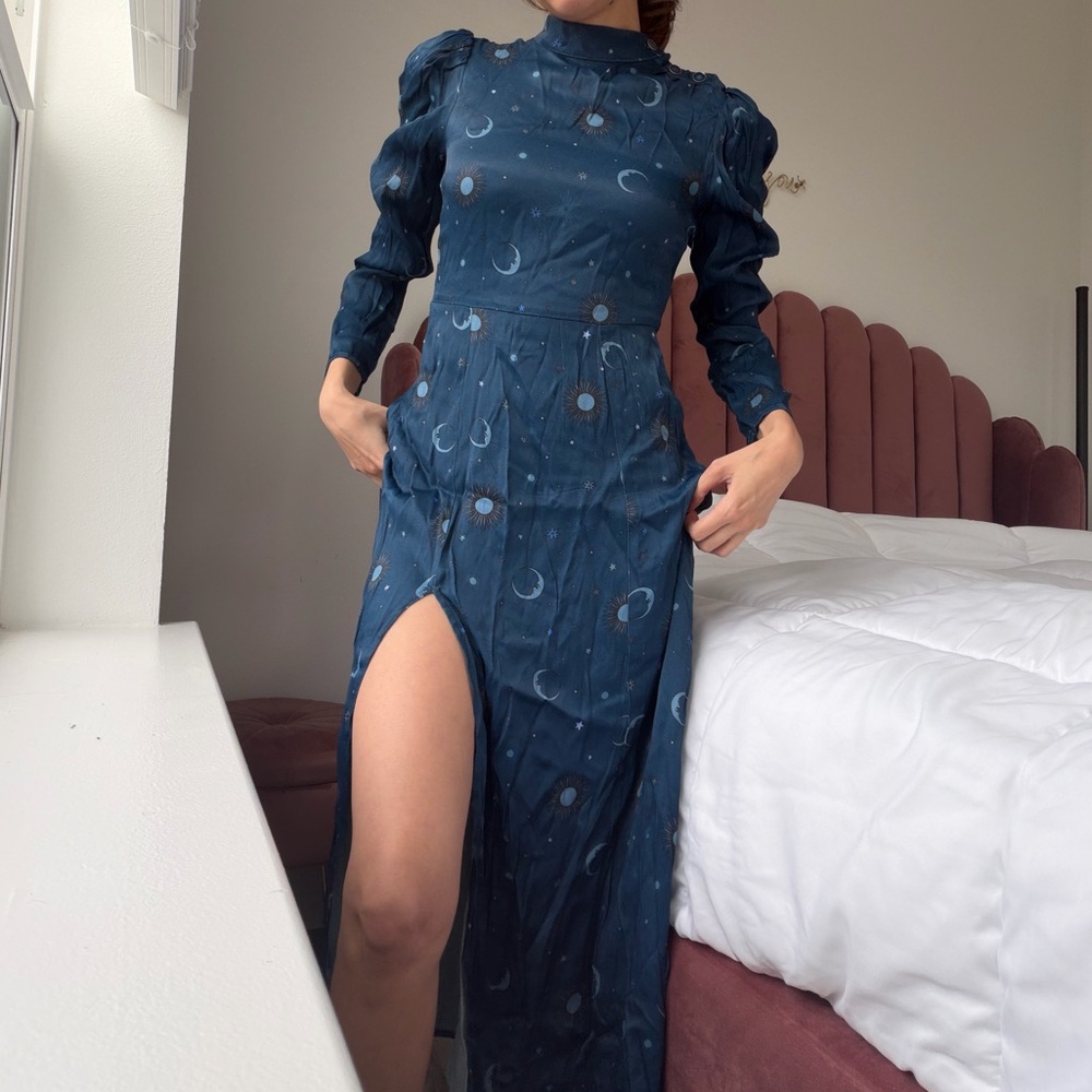 Rahi High-Neck Navy Moon-Print Maxi Dress